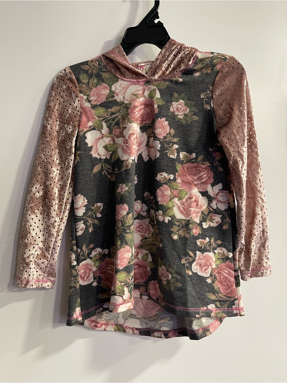 Pink Vanilla New Girls Floral Hoodie Top in Pink and Charcoal